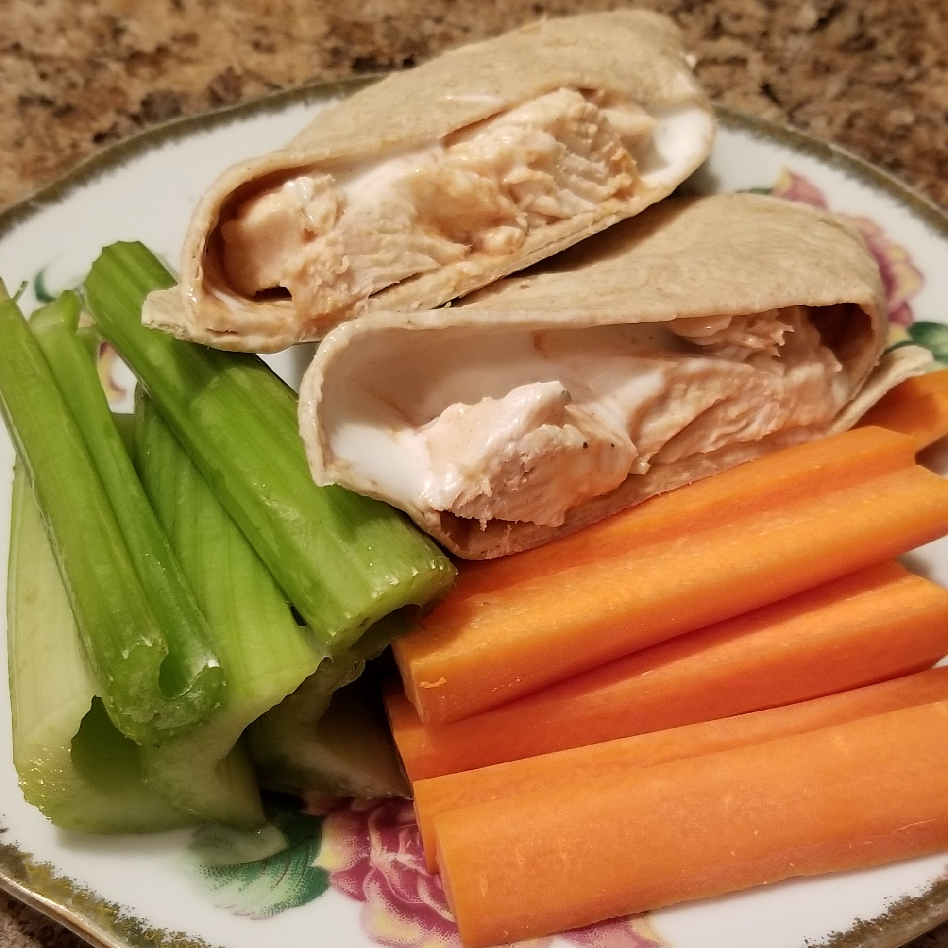 Buffalo Ranch Chicken Wraps with Carrots and Celery Sticks